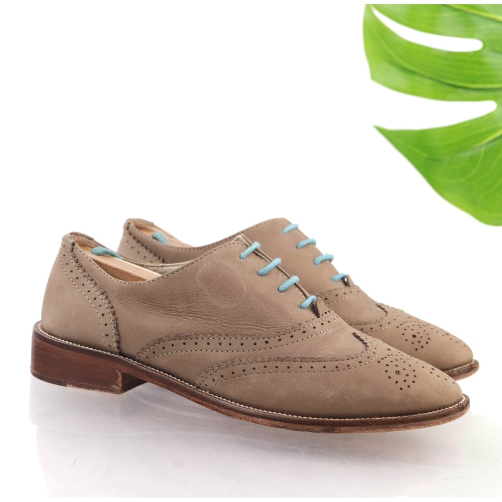 Boden Womens Oxfords Size 37.5 6.5 Tan Suede Wingtip Lace Up Derby Flats Shoes